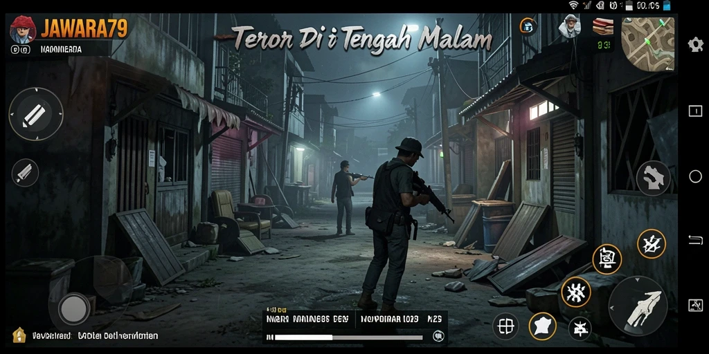 Screenshot gameplay JAWARA79 menampilkan momen mencekam dalam suasana Horror.