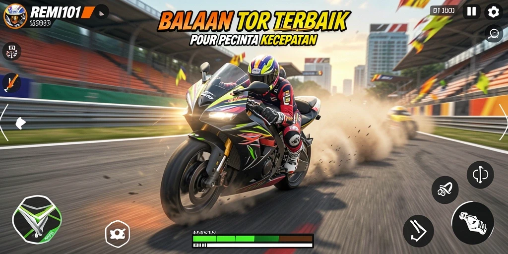 Gameplay mendebarkan di <strong>REMI101</strong> yang penuh dengan aksi balapan motor.
