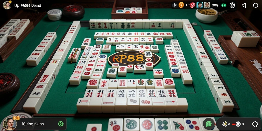 Tampilan gameplay seru di RP888 dengan ubin Mahjong yang berwarna-warni.