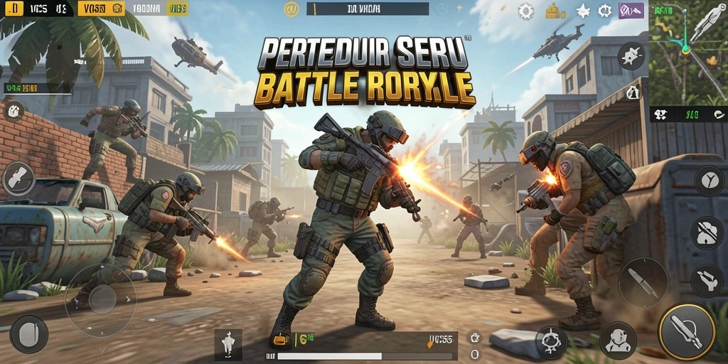 Screenshot gameplay VC55 menampilkan pertempuran intens di arena Battle Royale.