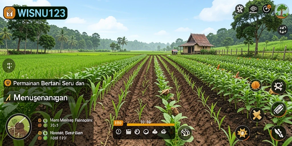 Tampilan gameplay seru di kebun WISNU123 dengan berbagai tanaman.